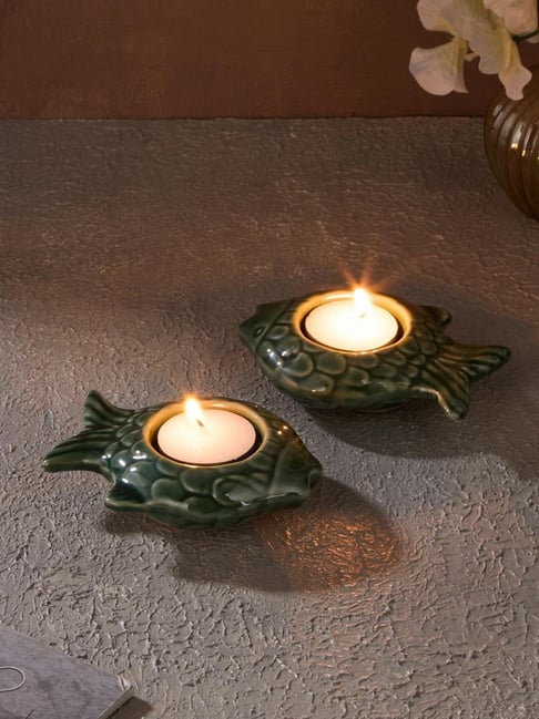 Fabindia Green Ahilya Ceramic Tlite Holder (Set of 2)
