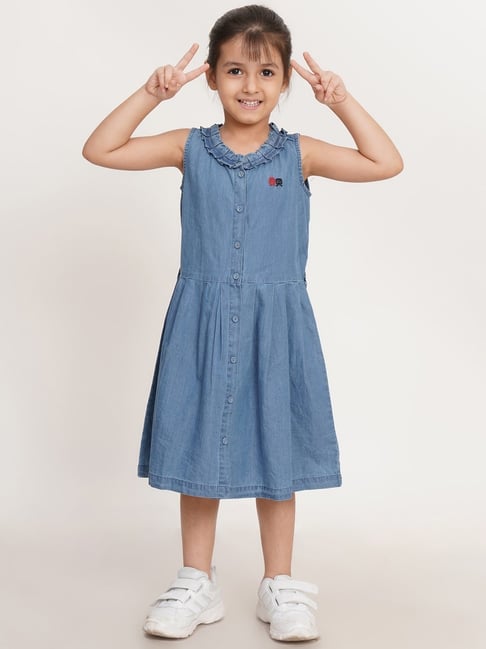 Creative Kid's Girls Blue Cotton Regular Fit Dress