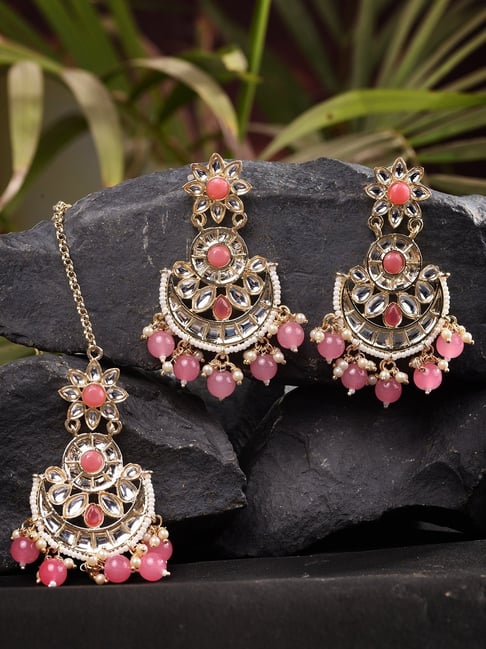 Saraf RS Jewellery Pink Kundan Studded & Pearl Beaded Earring & Maang Tikka Set-picture-39