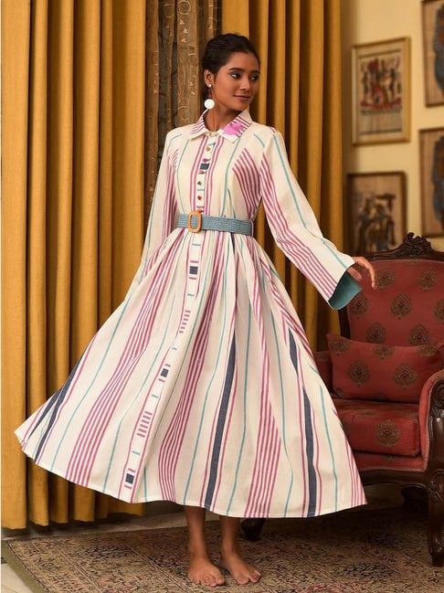 Nuhh Multicolor Cotton Relaxed Fit Embroidery Dress With Belt