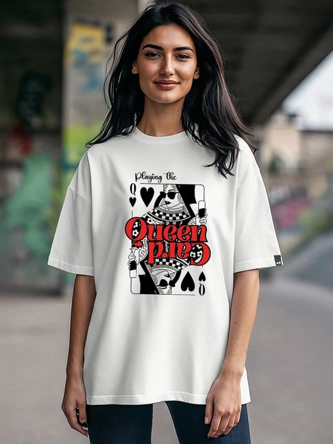Bewakoof White Queen Card Graphic Printed Oversized T-shirt