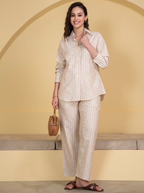 Lounge Dreams Beige Striped Regular Fit Co-ord set