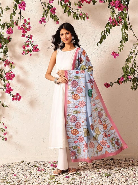 Silk Land Blue Mul Cotton Kalamkari Digital Printed Dupatta-image-17