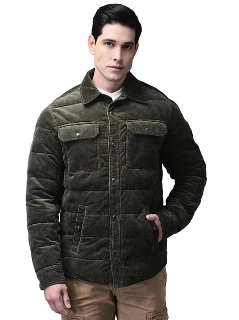 Woodland Dark Olive Cotton Regular Fit Self Design Jacket