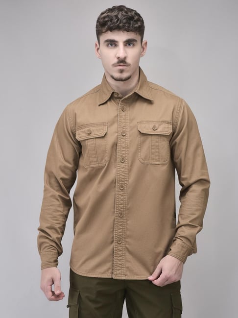 Woodland Camel Cotton Regular Fit Shirt