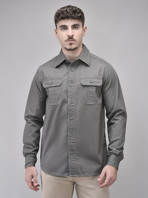 Woodland Grey Cotton Regular Fit Shirt