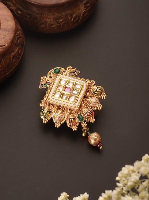 Saraf RS Jewellery Multi Kundan & Pearl Beaded Peacock Design Broach Saree Pin