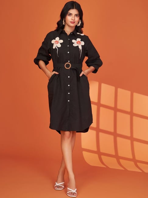 Kaftanize Black Cotton Cambric Printed Casual Dress