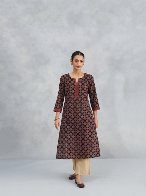 Fabindia Black Cotton Ajrakh Printed Slim Fit Long Kurta