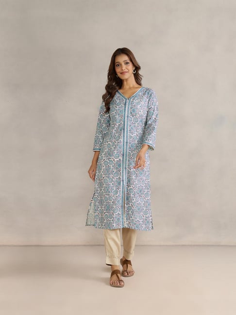 Fabindia Blue Cotton Hand Block Printed Long Kurta-picture-10