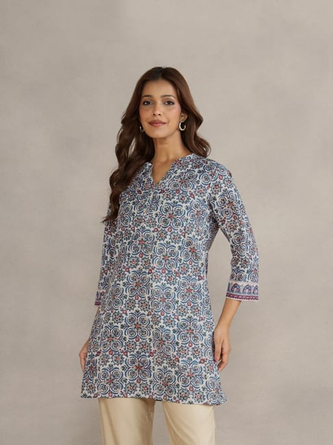 Fabindia Blue Cotton Hand Block Printed Slim Fit Short Kurta-picture-18