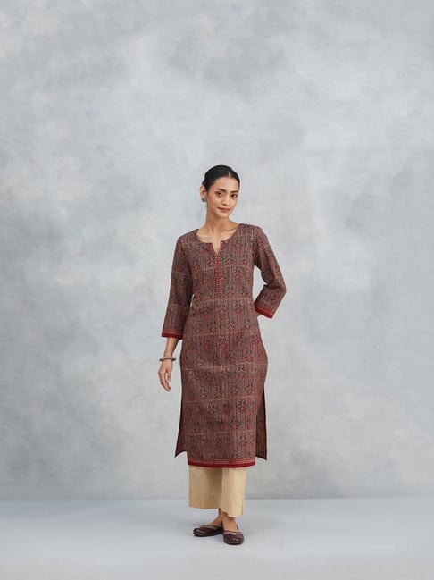Fabindia Maroon Cotton Ajrakh Printed Slim Fit Long Kurta