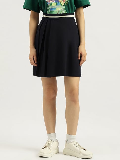 United Colors Of Benetton Navy Blue Cotton Blend Solid Mid Rise Mini Skirt