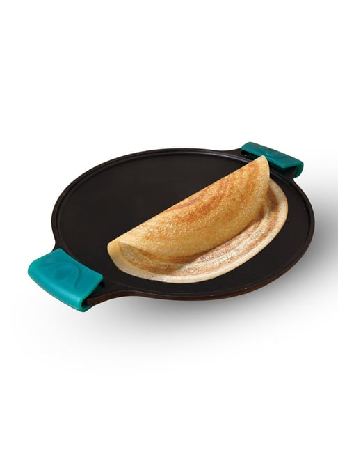 The Indus Valley Black Pre-seasoned Cast Iron Tawa with Double Handle Silicone Grip (11.8 Inch)