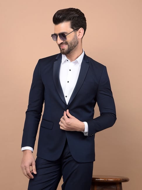 Crimsoune Club Navy Blue Regular Fit Plain Formal Suit