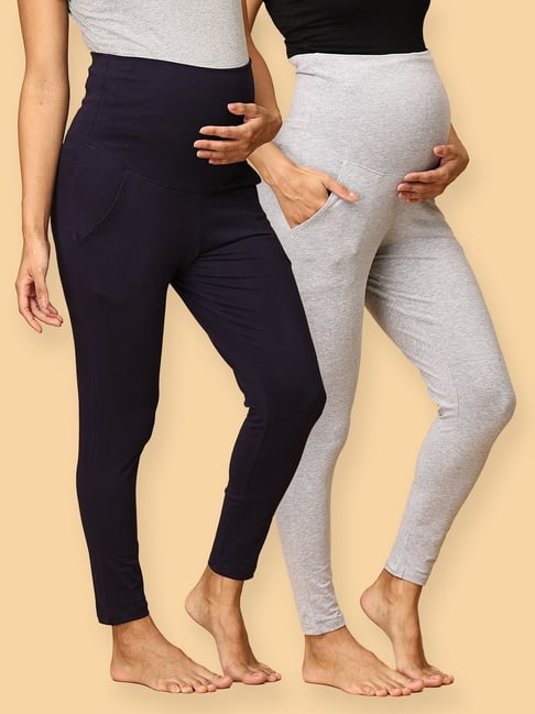 The Mom Store Navy Blue & Grey Cotton Plain Maternity Leggings (Pack of 2)