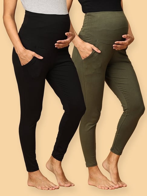 The Mom Store Black & Olive Cotton Plain Maternity Leggings (Pack of 2)-picture-43
