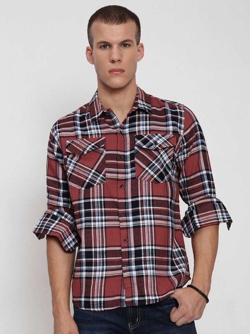 showoffff Showoff Red Cotton Regular Fit Checkered Shacket-picture-26