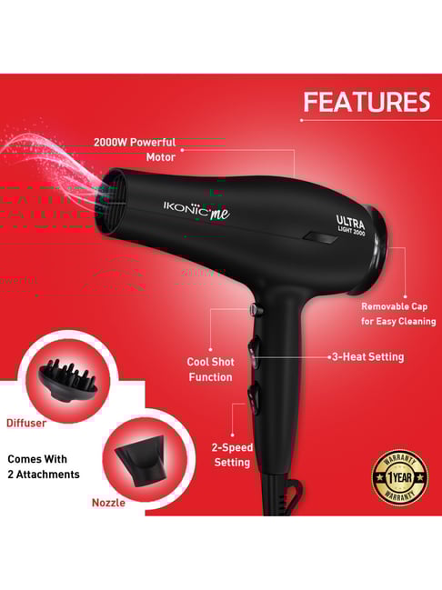 Buy IKONIC Me Ultra Light Hair Dryer 2000W Black for Online