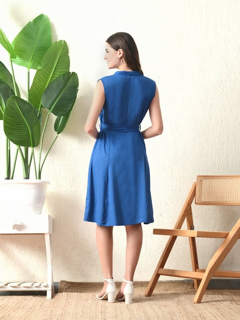 blue quince dress with cape Sleeveless Mid Length Wrap Dress