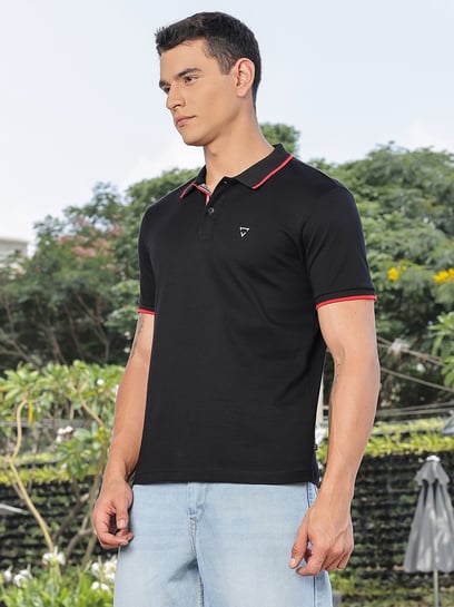 Thomas Scott Black Regular Fit Solid Polo T-Shirt