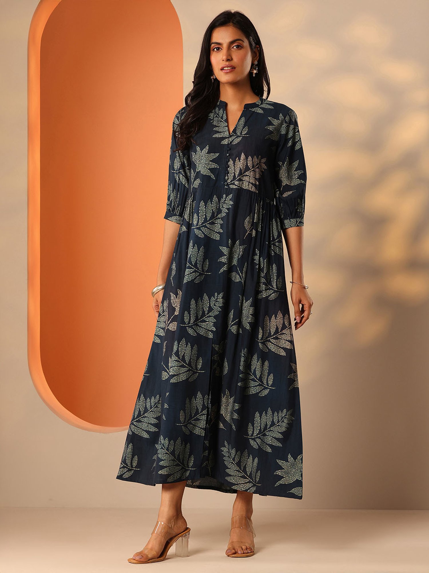 Libas Blue Flared Fit Floral Print Ethnic Dress