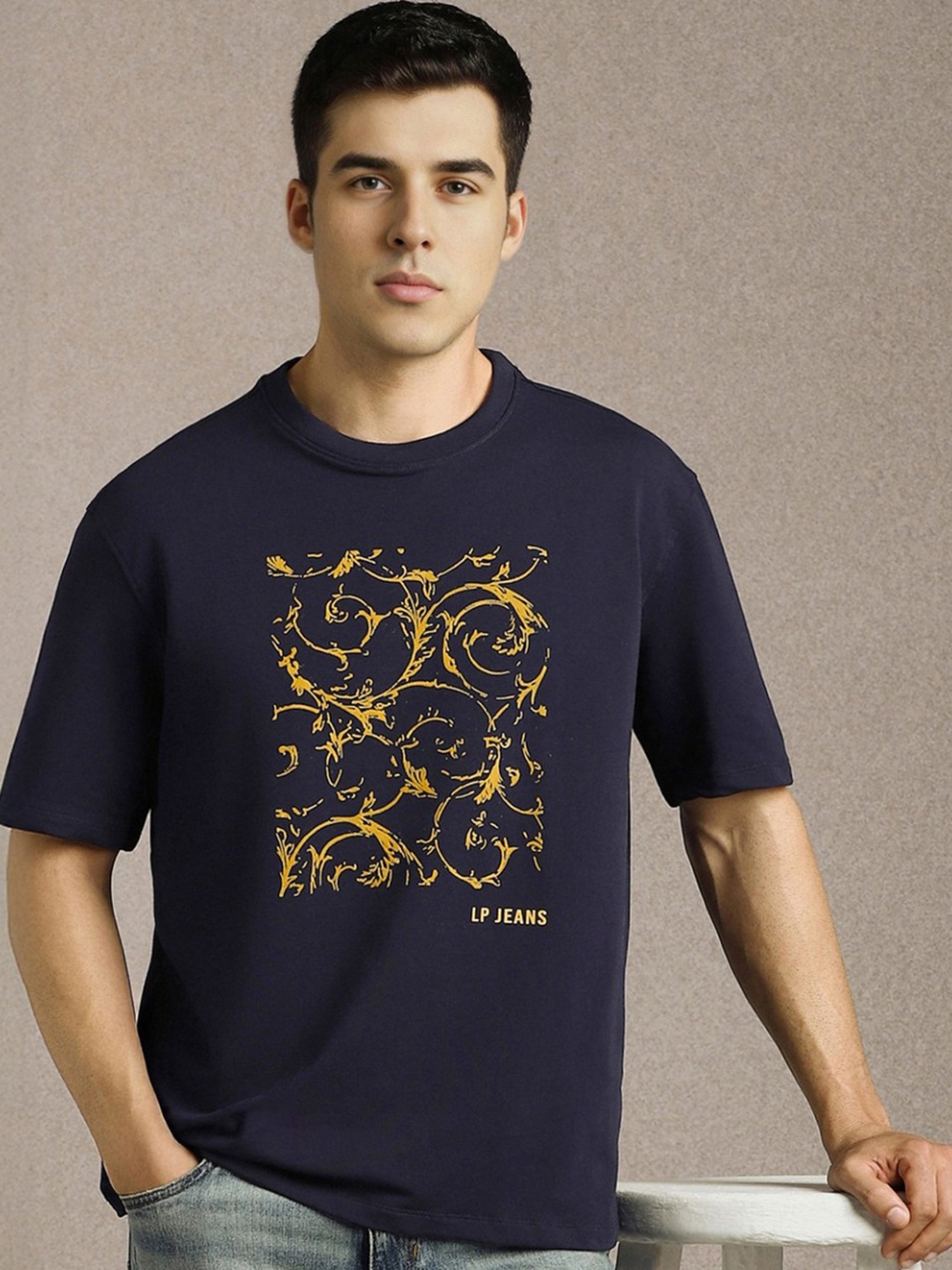 Louis Philippe Navy Cotton Relaxed Fit Graphic T-Shirt