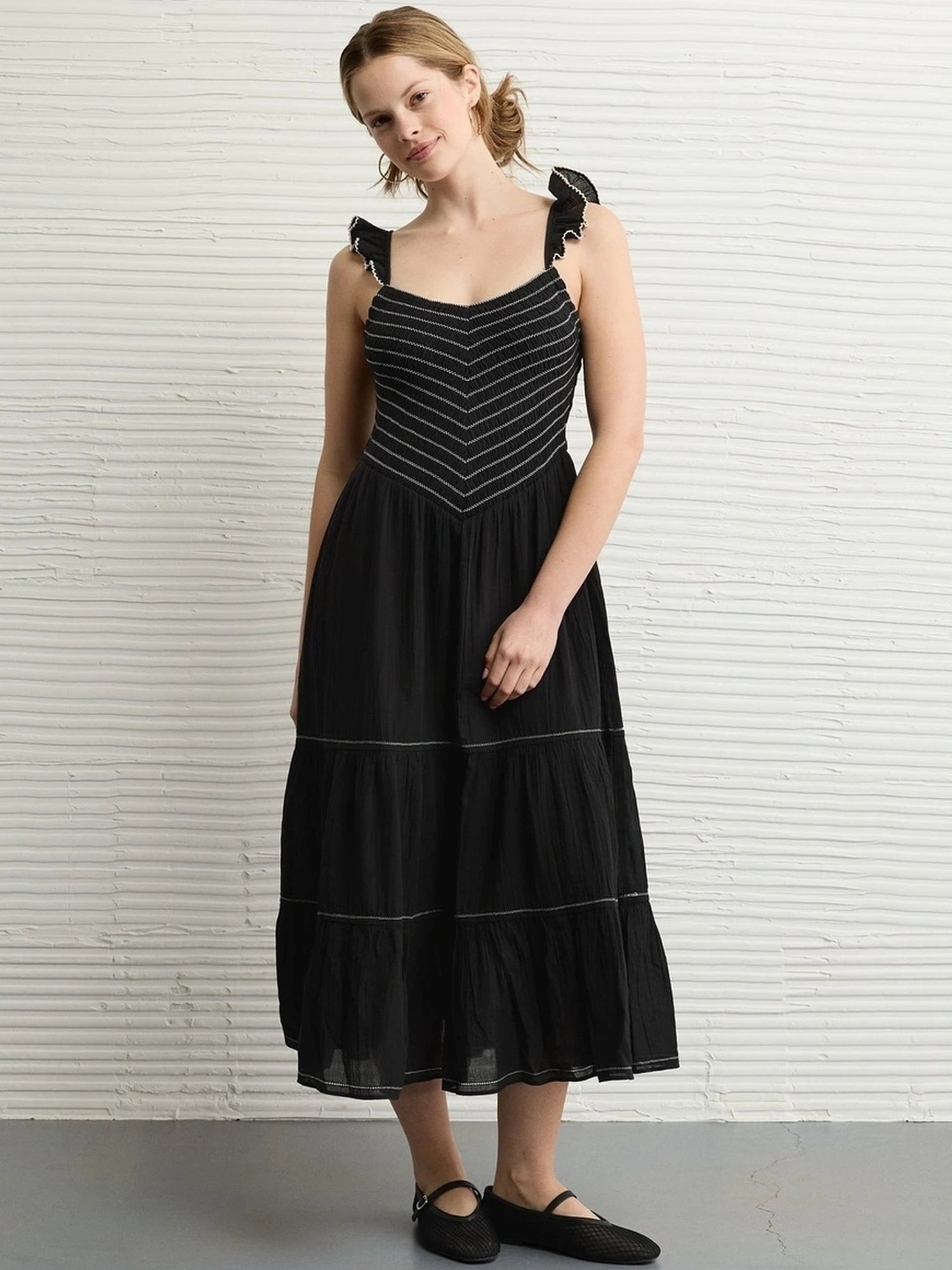 American Eagle Black Flared Fit Embroidered Dress