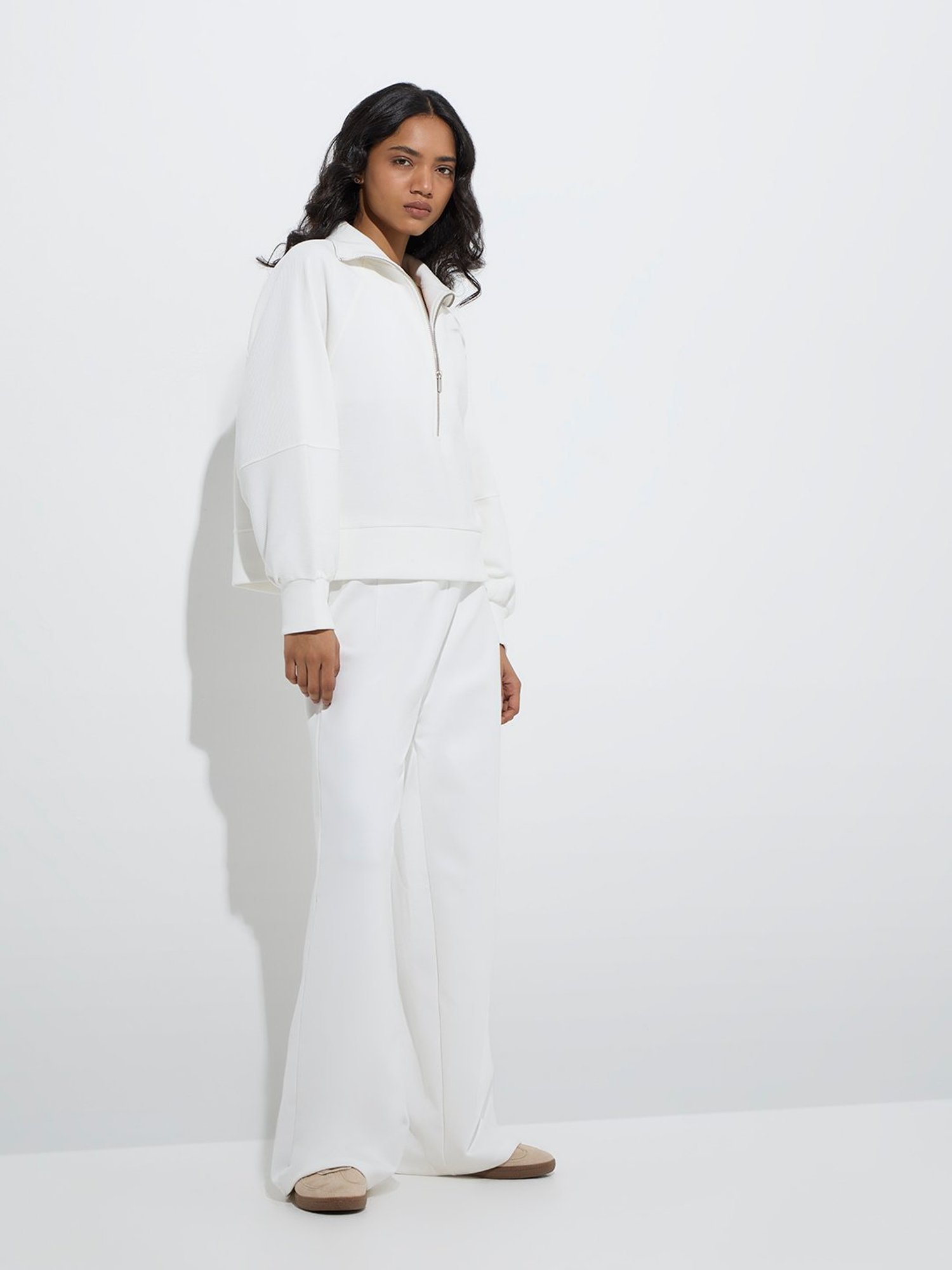 LOV by Westside White Ribbed Cotton-Blend Quarter-Zip Sweatshirt