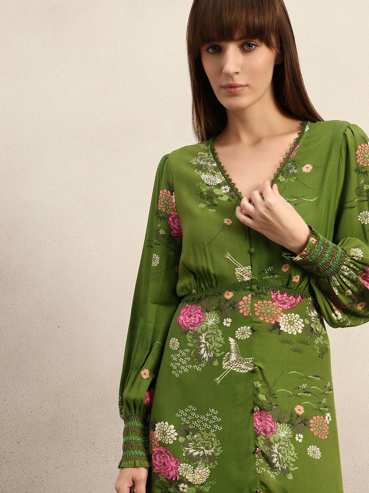 Vero Moda Forest Green Flared Fit Floral Print Dress