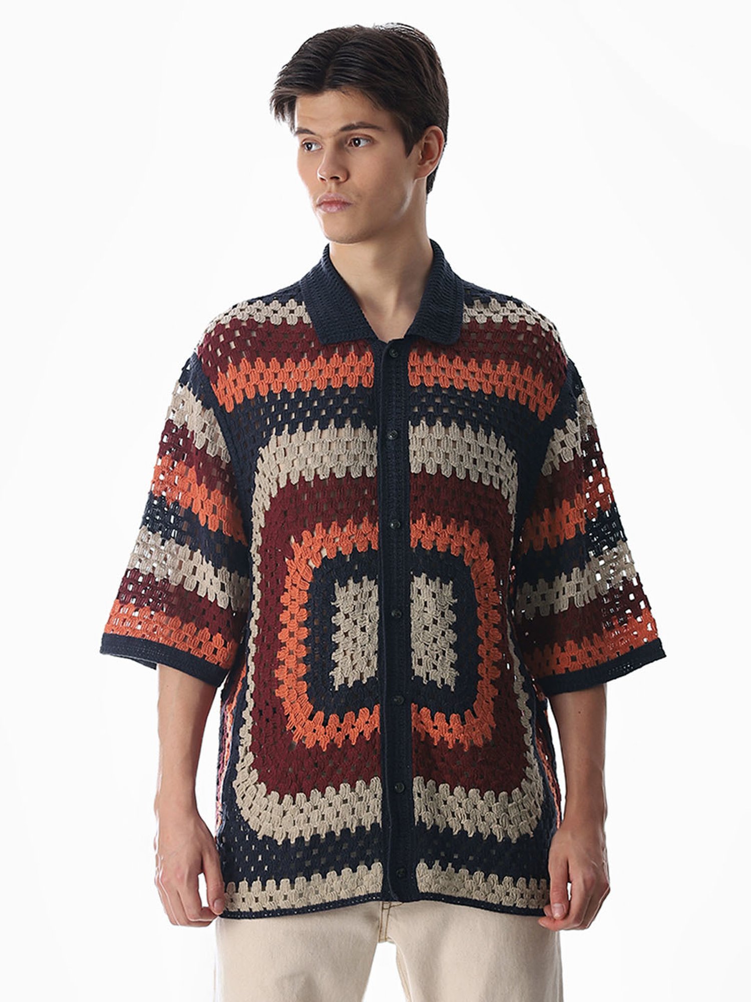 Jack & Jones Multicolor Cotton Oversized Crochet Shirt
