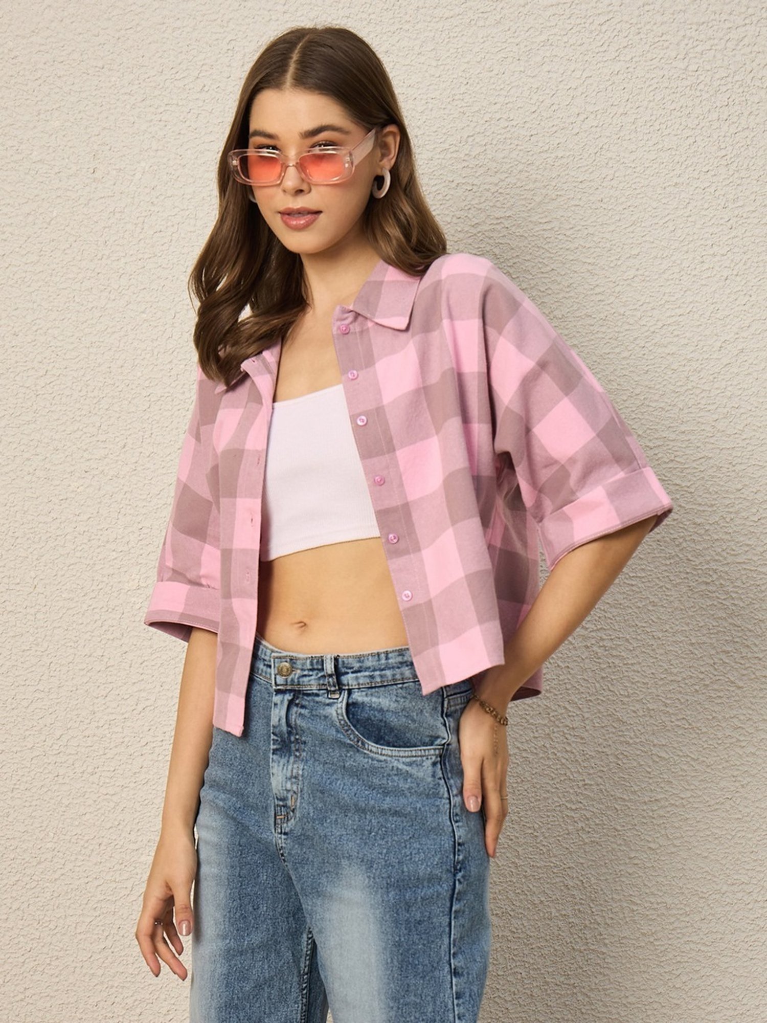 CHIMPAAANZEE Pink & Light Brown Checked Crop Shirt
