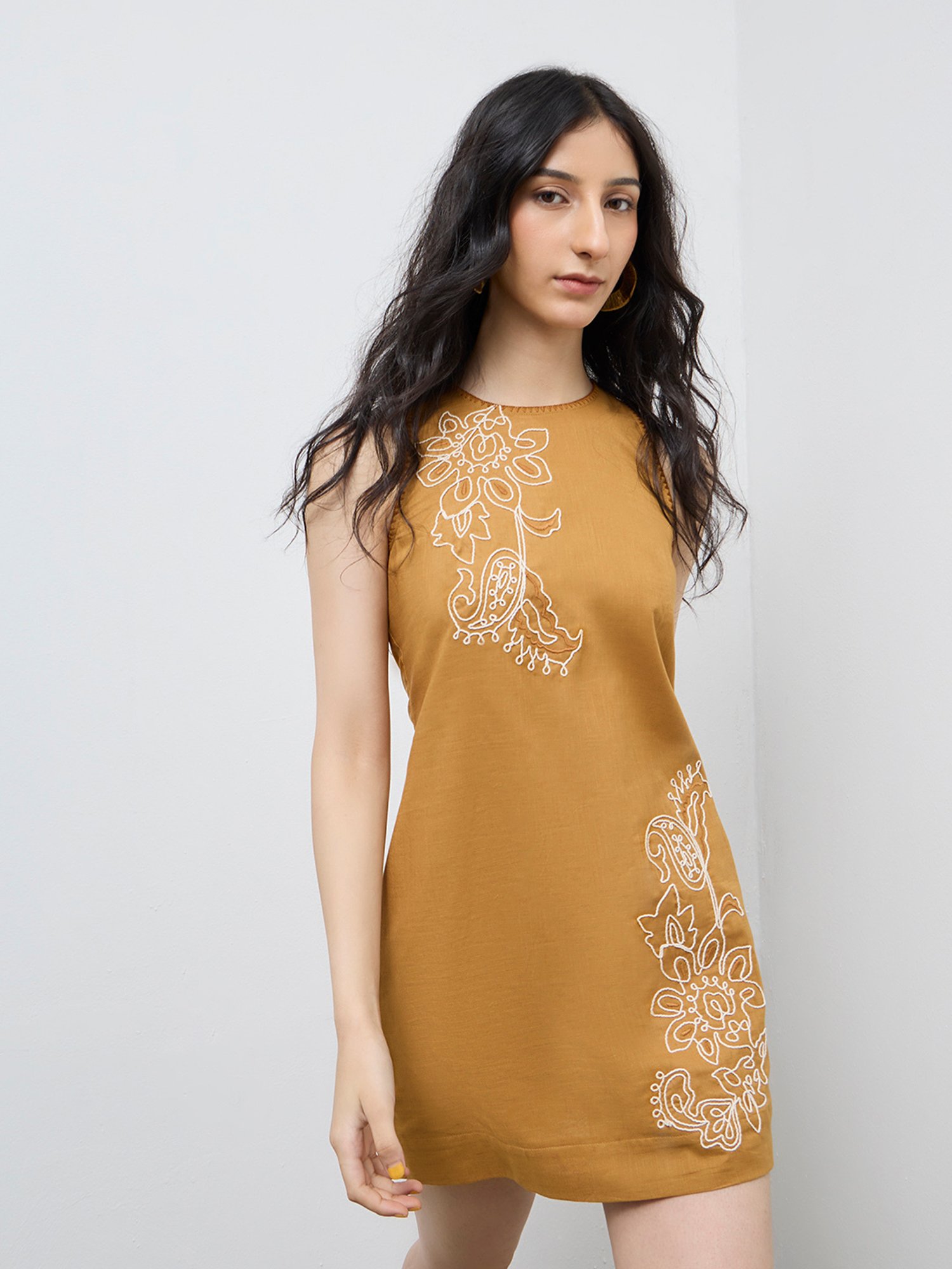 Bombay Paisley by Westside Mustard Embroidered Cotton Shift Dress