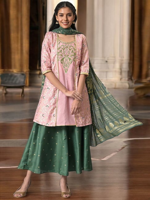 Aurelia Set Kurta E Palazzo In Cotone Ricamato Per Donna - Colore Avorio E Blu Notte Con Dupatta Floreale