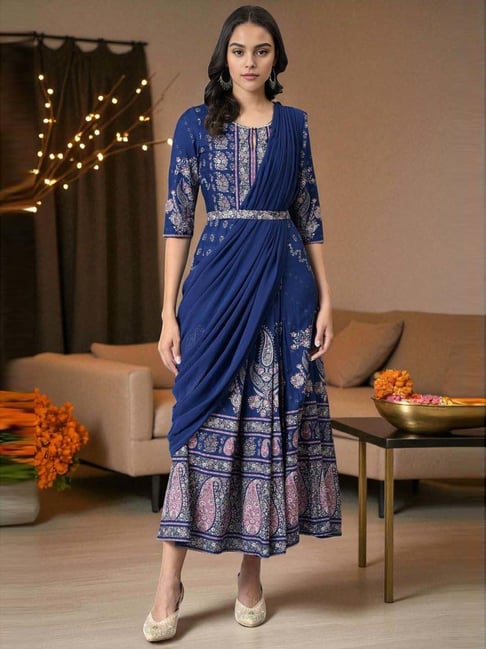 W Blue Floral Print A-Line Dress