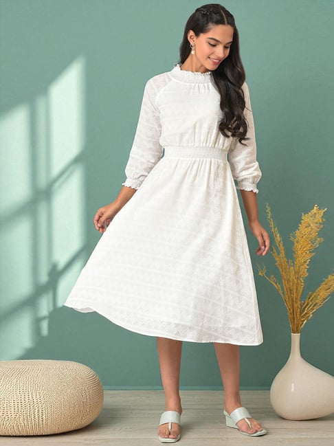Buy Aurelia White Cotton Self Pattern A-Line Dress for Women Online @ Tata  CLiQ