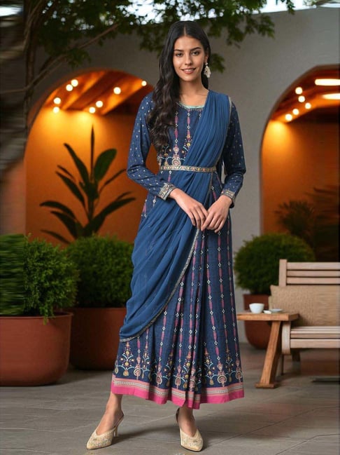 Buy W Blue Printed Maxi Dress With Attached Dupatta for Women Online @ Tata  CLiQ