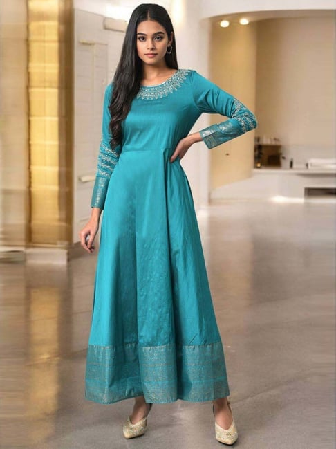 W Teal Blue Embroidered Maxi Dress