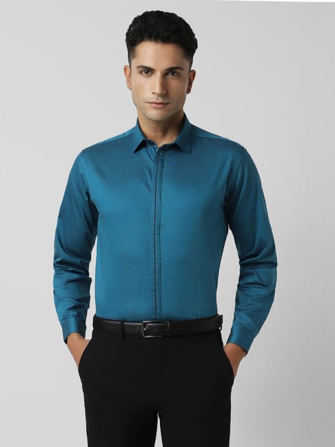 V Dot Blue Cotton Slim Fit Shirt-picture-39