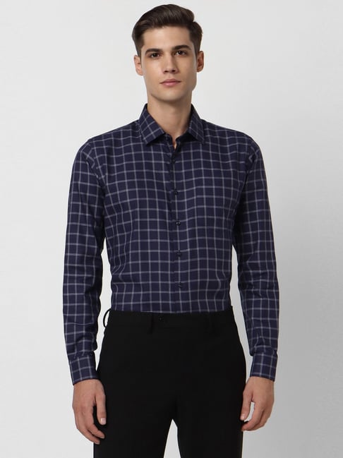 Van Heusen Navy Cotton Slim Fit Checks Shirt-picture-12