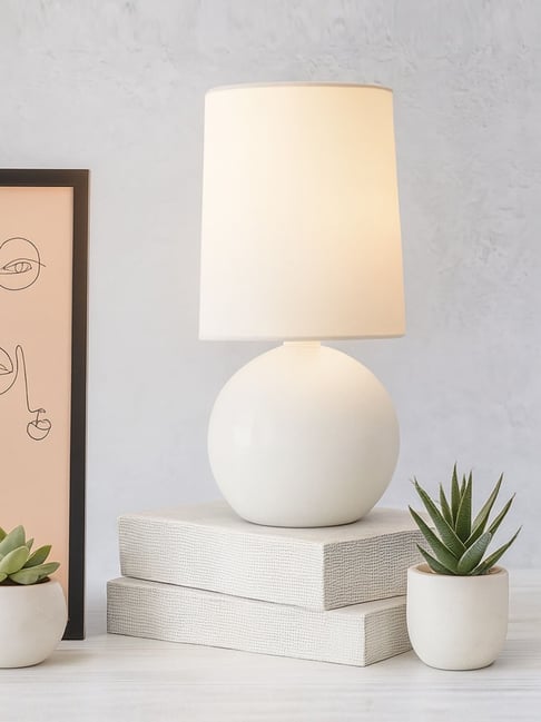 Buy Homesake White Ceramic Round Bedside Table Lamp with Shade at