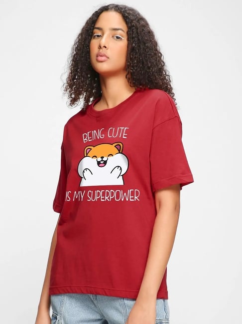 Bewakoof Women's Red Being Cute is My Superpower Graphic Printed Oversized  T-Shirt