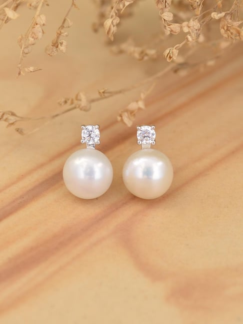 Buy Ornate Jewels 925 Silver Round White Pearl Stud Earrings