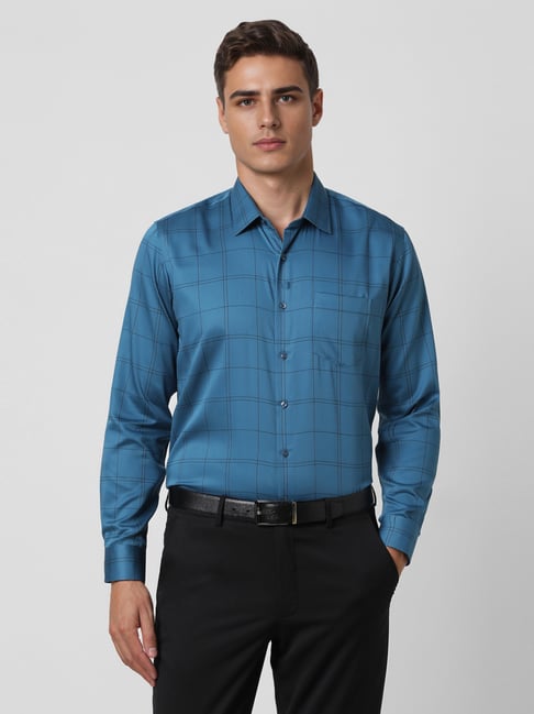 Van Heusen Blue Cotton Slim Fit Checks Shirt-picture-21