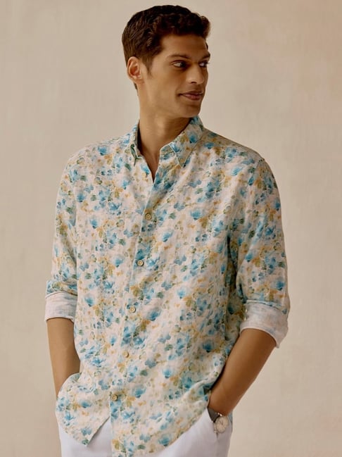 Andamen Blue Linen Regular Print Shirt-picture-14