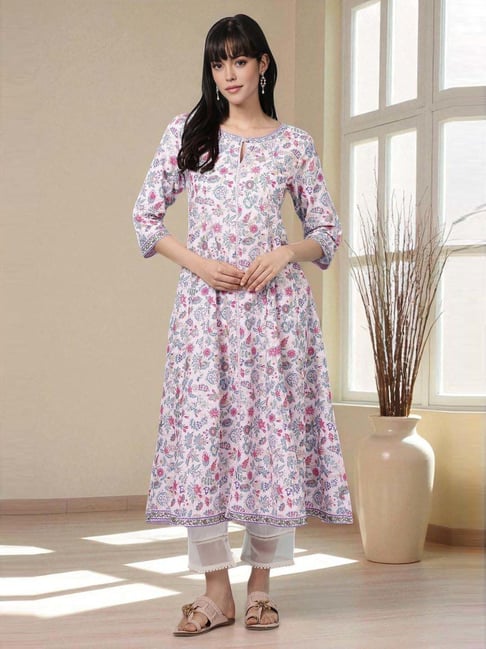 W for Woman Pink Floral Glitter Printed Pure Cotton Anarkali Kurta-picture-17