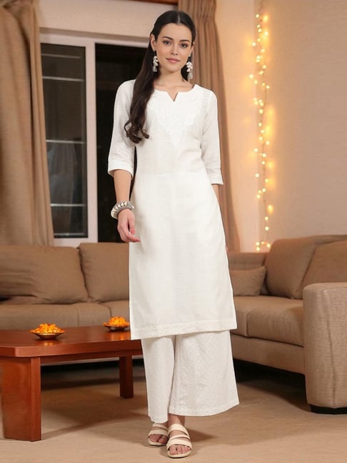 Aurelia Kurta dritto da donna con stampa floreale bianco puro Dobby