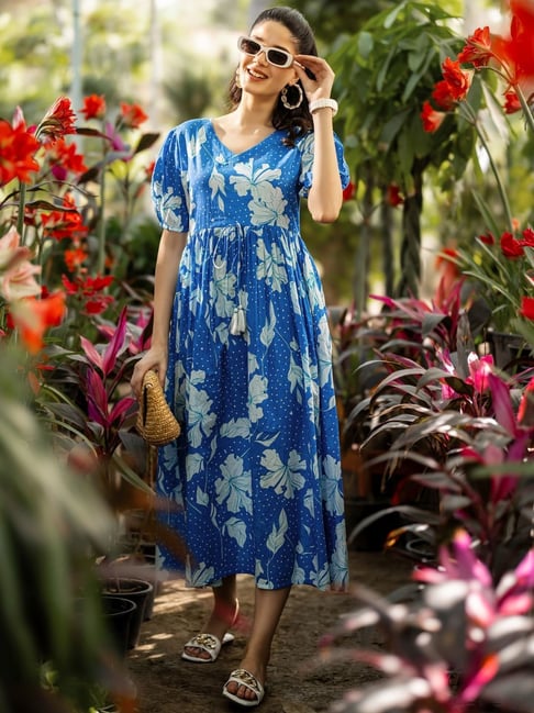Libas Blue Cotton Fit And Flare Floral Print Dress