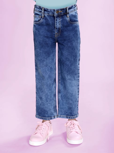 Kiddopanti Girls Medium Blue Denim Regular Fit Jeans