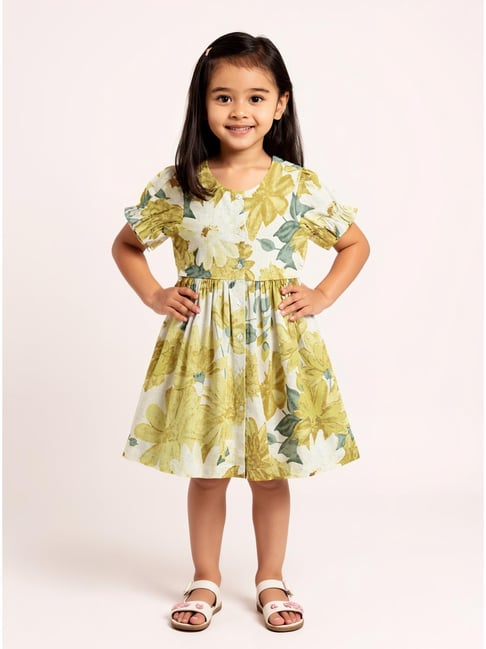 Utsa Kids by Westside Yellow Floral Design A-Line Cotton-Blend Dress